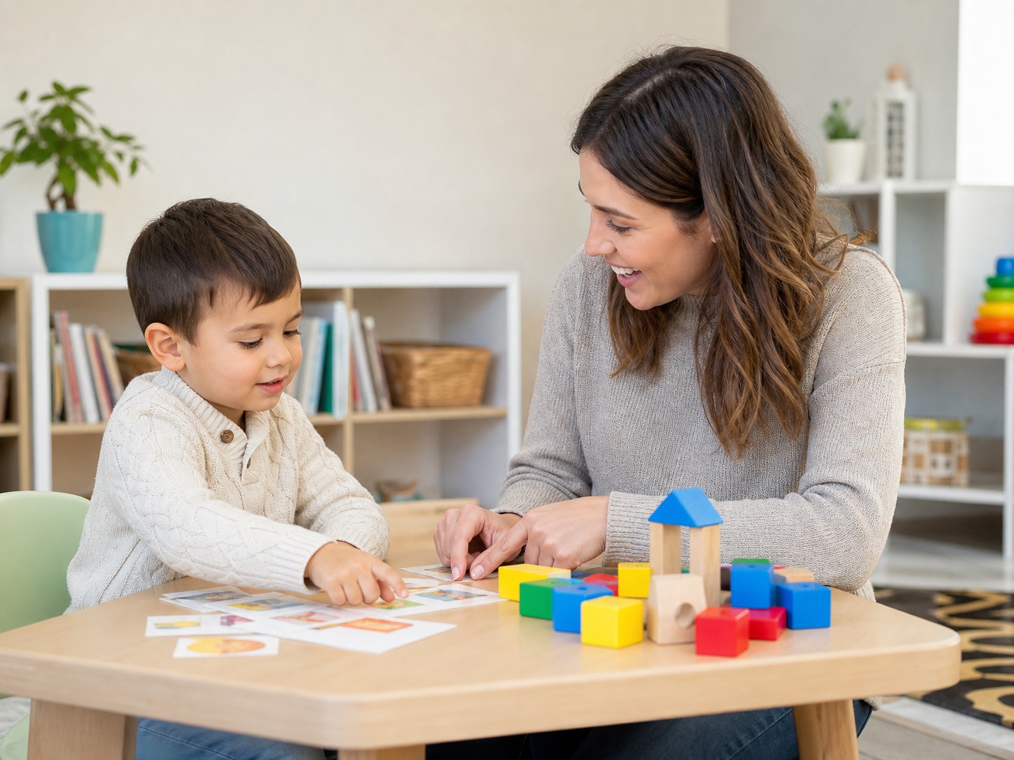 Adult therapist and child working through a play-based learning activity